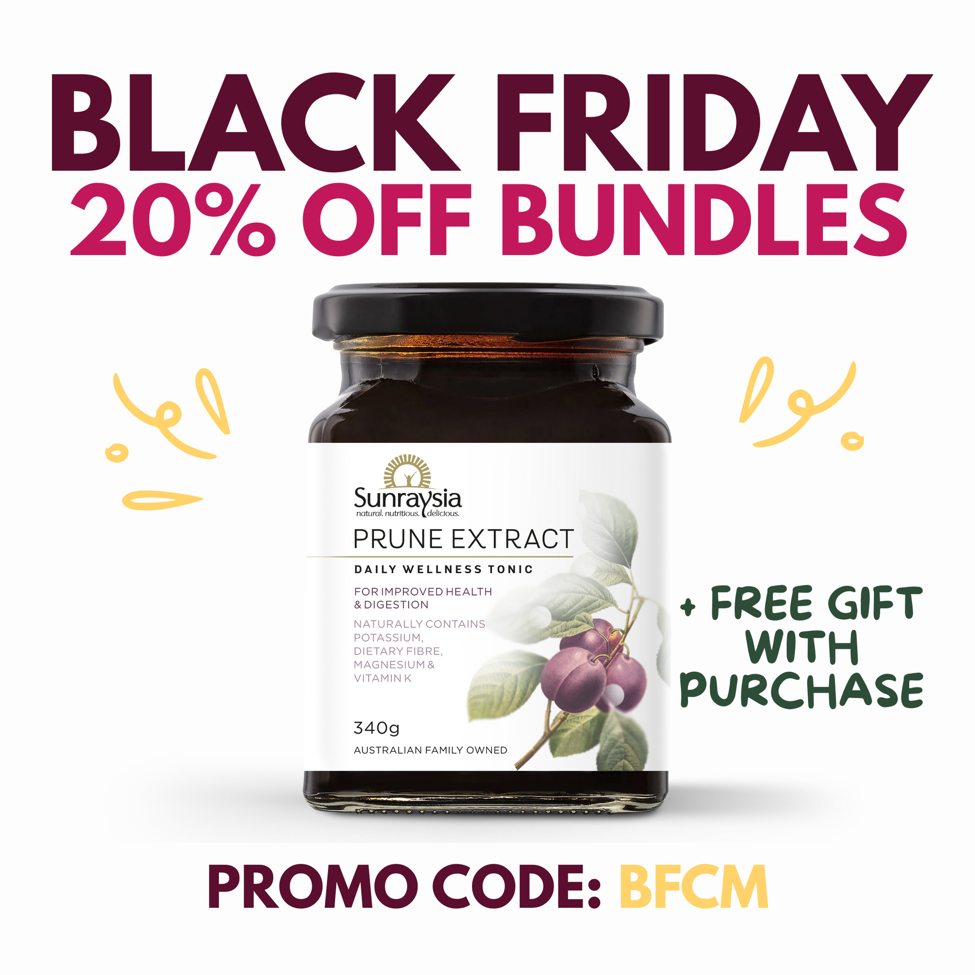 Sunraysia Prune Extract jar with Black Friday promotion text on a white background